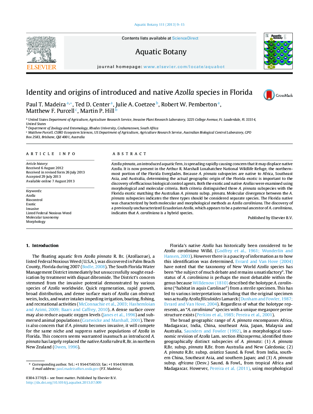 Identity and origins of introduced and native Azolla species in Florida