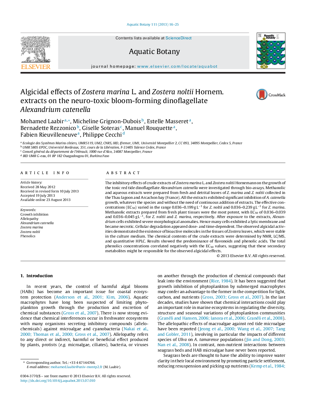 Algicidal effects of Zostera marina L. and Zostera noltii Hornem. extracts on the neuro-toxic bloom-forming dinoflagellate Alexandrium catenella