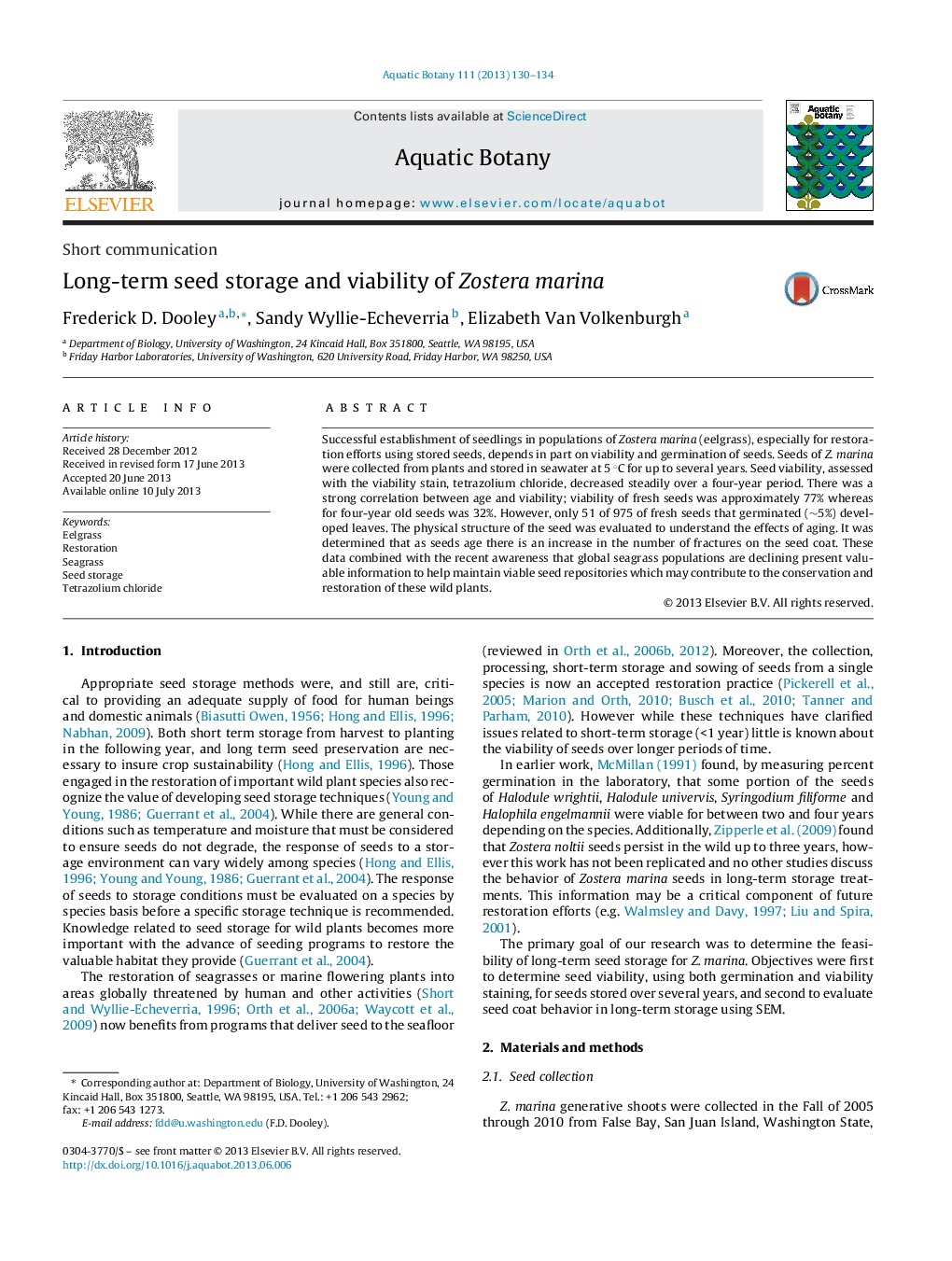 Long-term seed storage and viability of Zostera marina