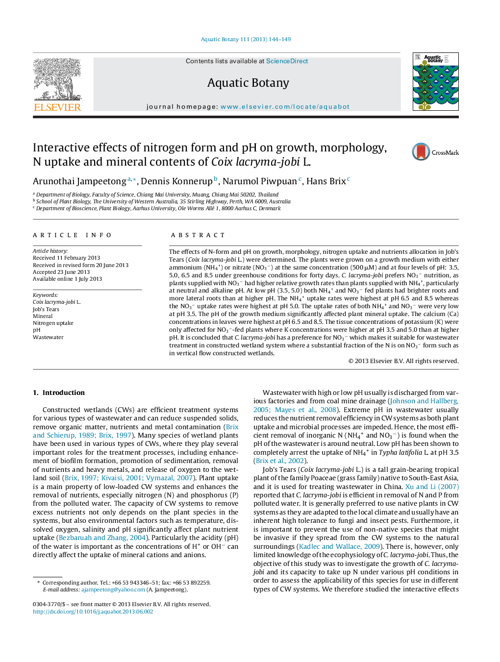 Interactive effects of nitrogen form and pH on growth, morphology, N uptake and mineral contents of Coix lacryma-jobi L.