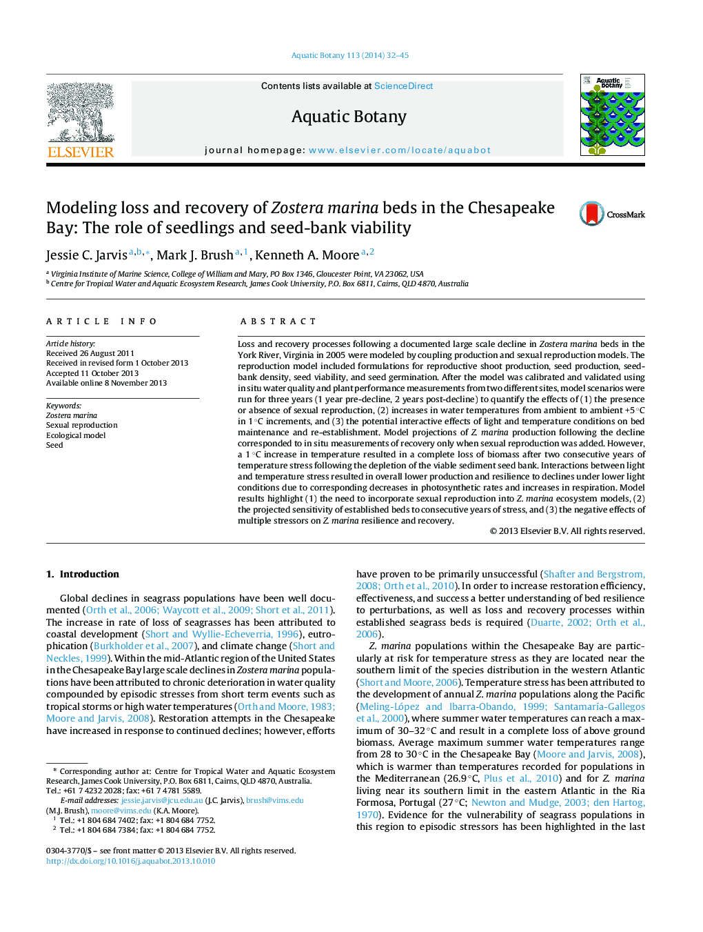 از دست دادن مدل سازی و بازیابی تختخواب زوستاا مارینا در خلیج چیسپیک: نقش نهال و قابلیت زنده ماندن بذر 