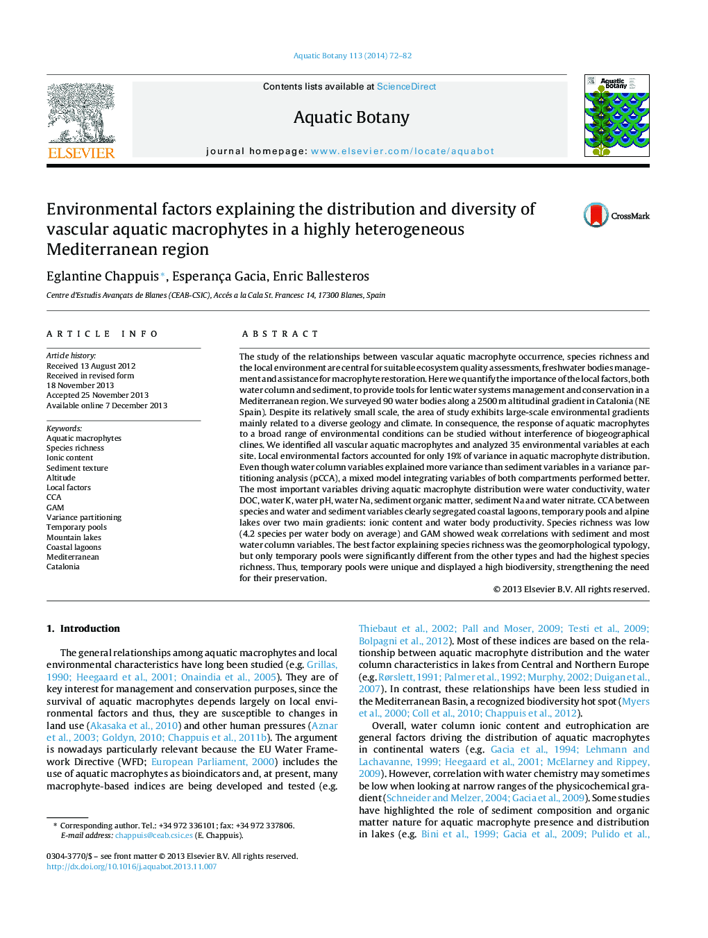Environmental factors explaining the distribution and diversity of vascular aquatic macrophytes in a highly heterogeneous Mediterranean region