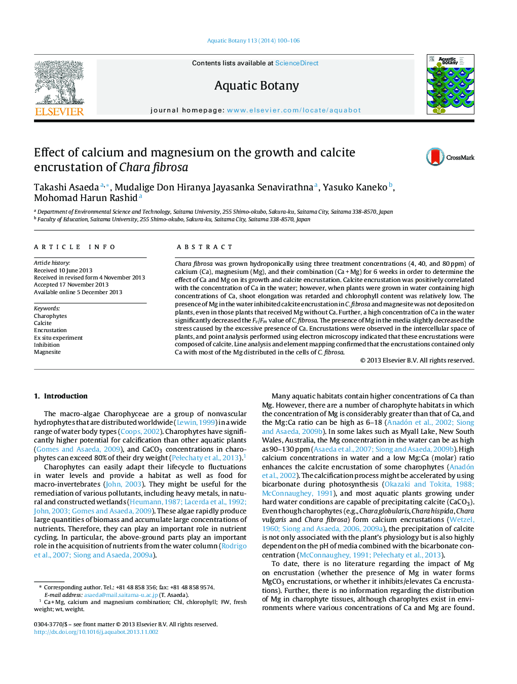 Effect of calcium and magnesium on the growth and calcite encrustation of Chara fibrosa