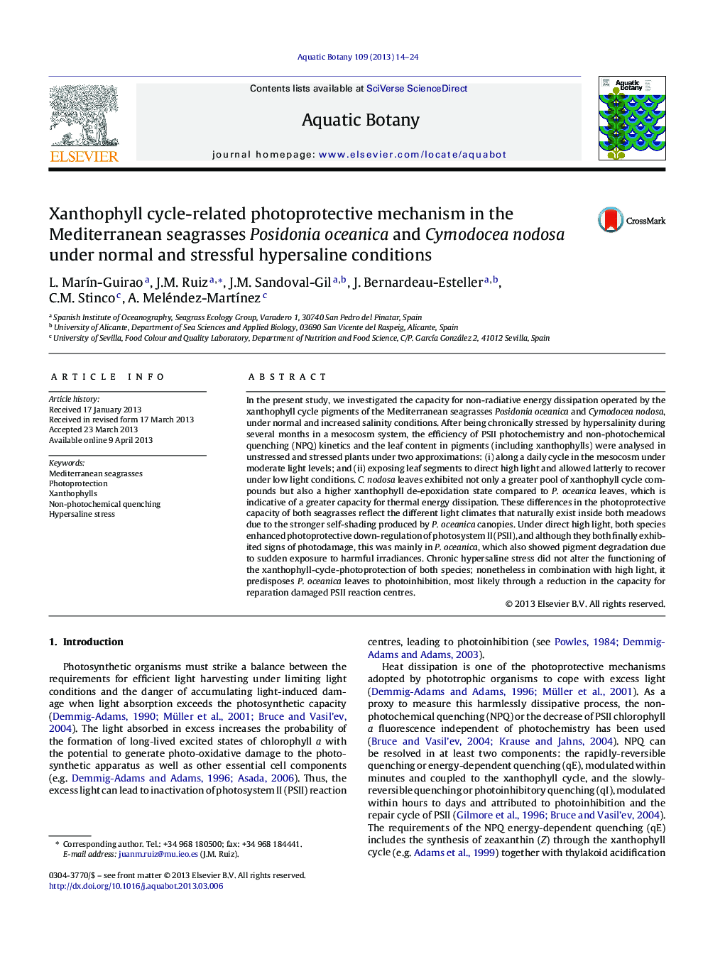 Xanthophyll cycle-related photoprotective mechanism in the Mediterranean seagrasses Posidonia oceanica and Cymodocea nodosa under normal and stressful hypersaline conditions