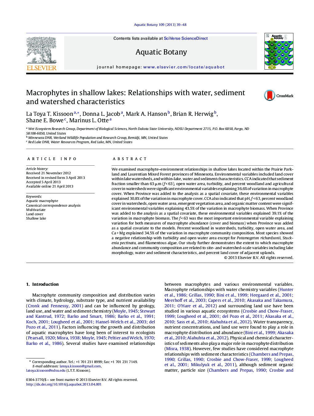 Macrophytes in shallow lakes: Relationships with water, sediment and watershed characteristics