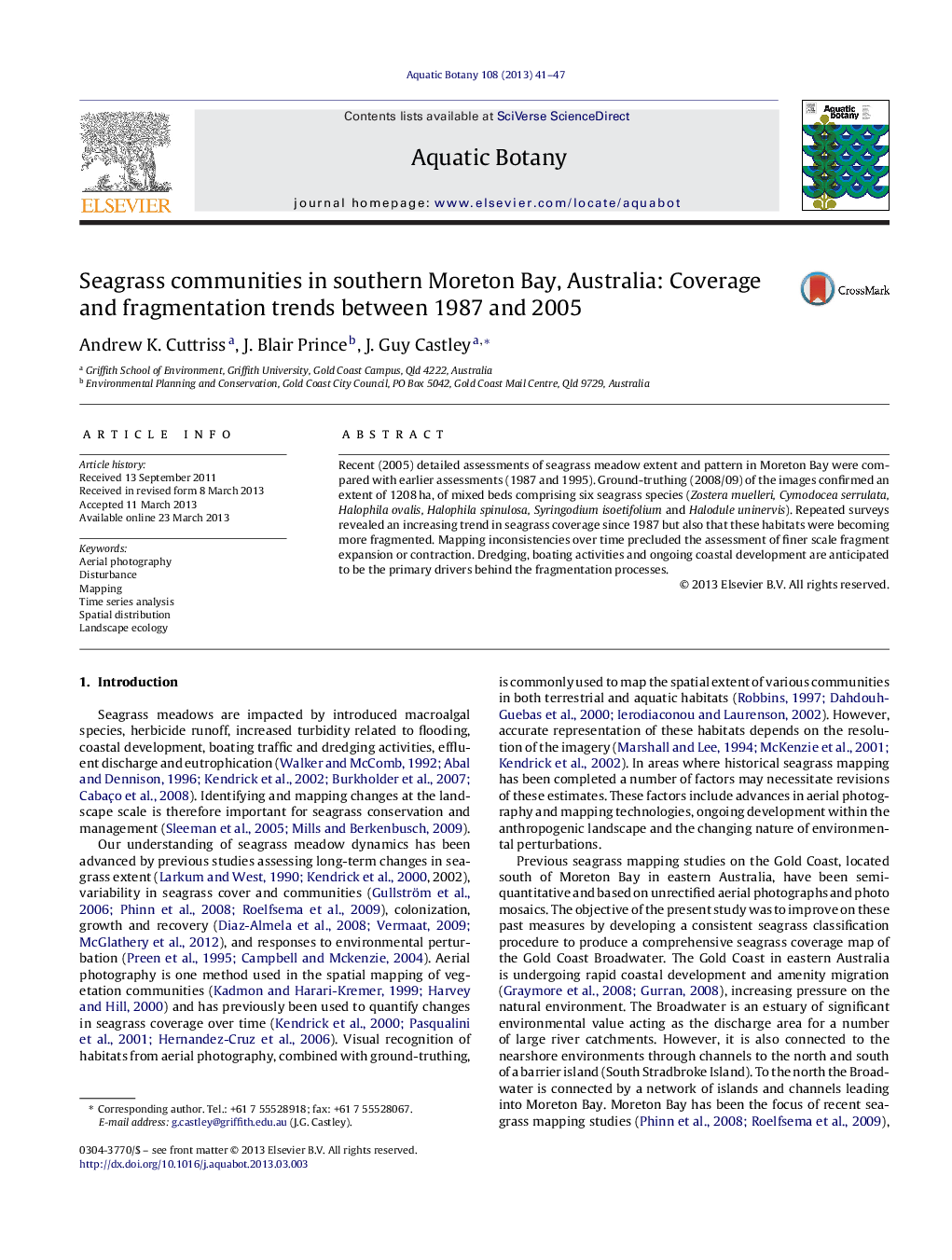 Seagrass communities in southern Moreton Bay, Australia: Coverage and fragmentation trends between 1987 and 2005