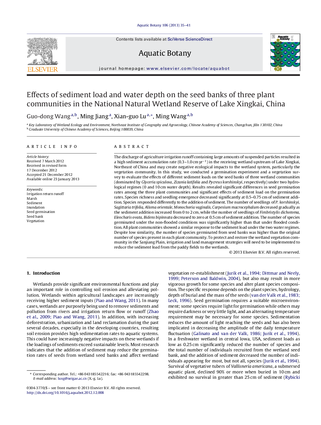 عکس صفحه اول مقاله: Effects of sediment load and water depth on the seed banks of three plant communities in the National Natural Wetland Reserve of Lake Xingkai, China Effects of sediment load and water depth on the seed banks of three plant communities in the National Natural Wetland Reserve of Lake Xingkai, China