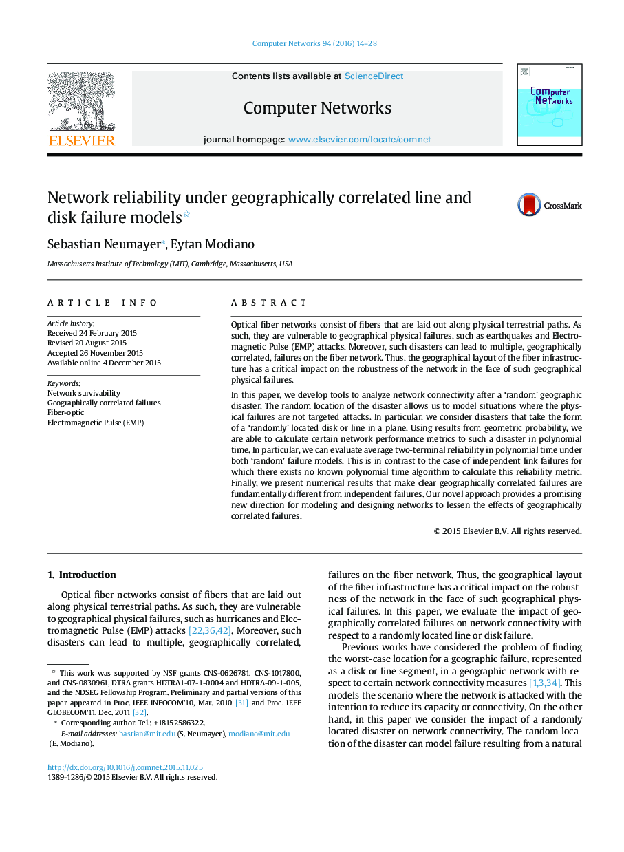 عکس صفحه اول مقاله: Network reliability under geographically correlated line and disk failure models Network reliability under geographically correlated line and disk failure models