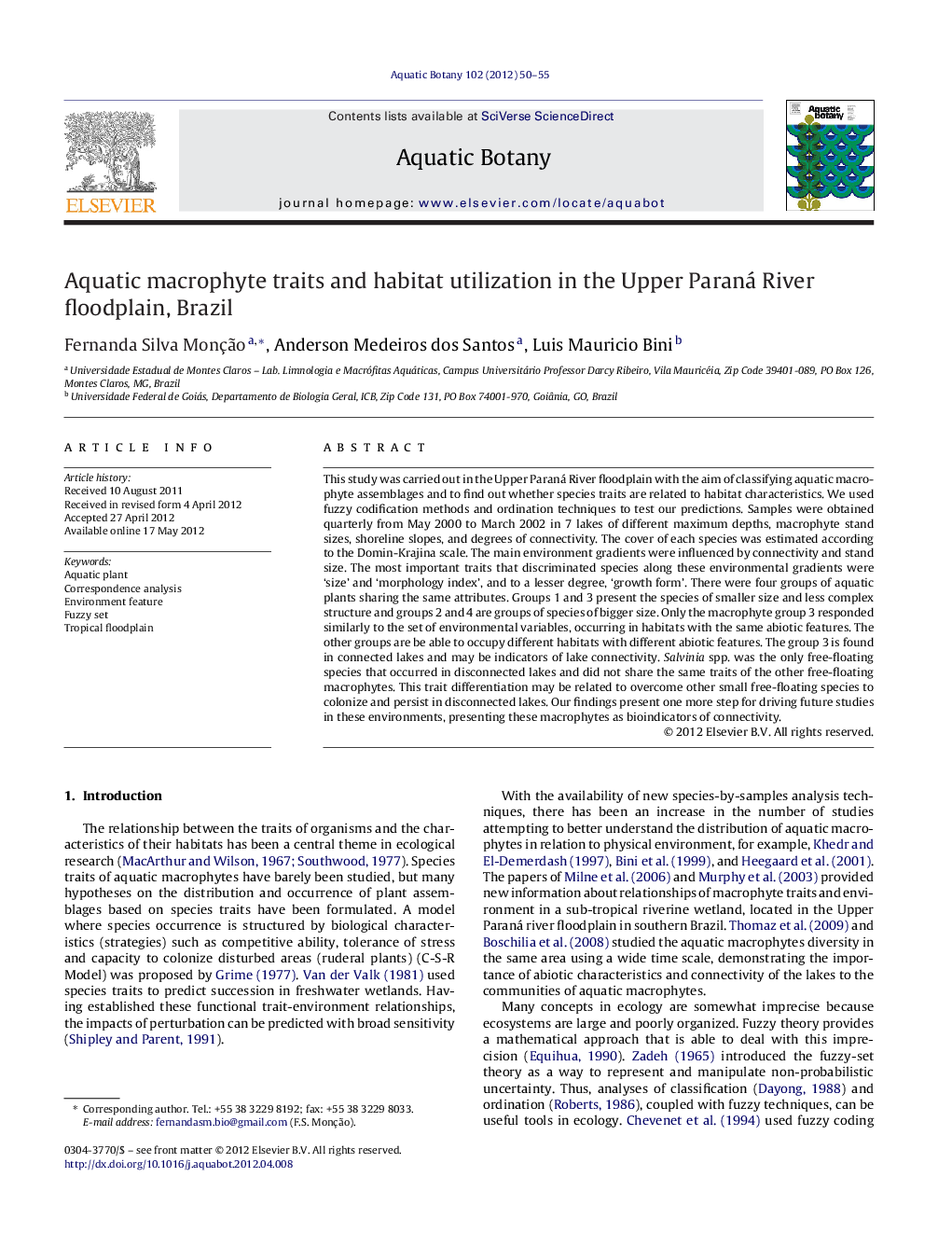 Aquatic macrophyte traits and habitat utilization in the Upper Paraná River floodplain, Brazil