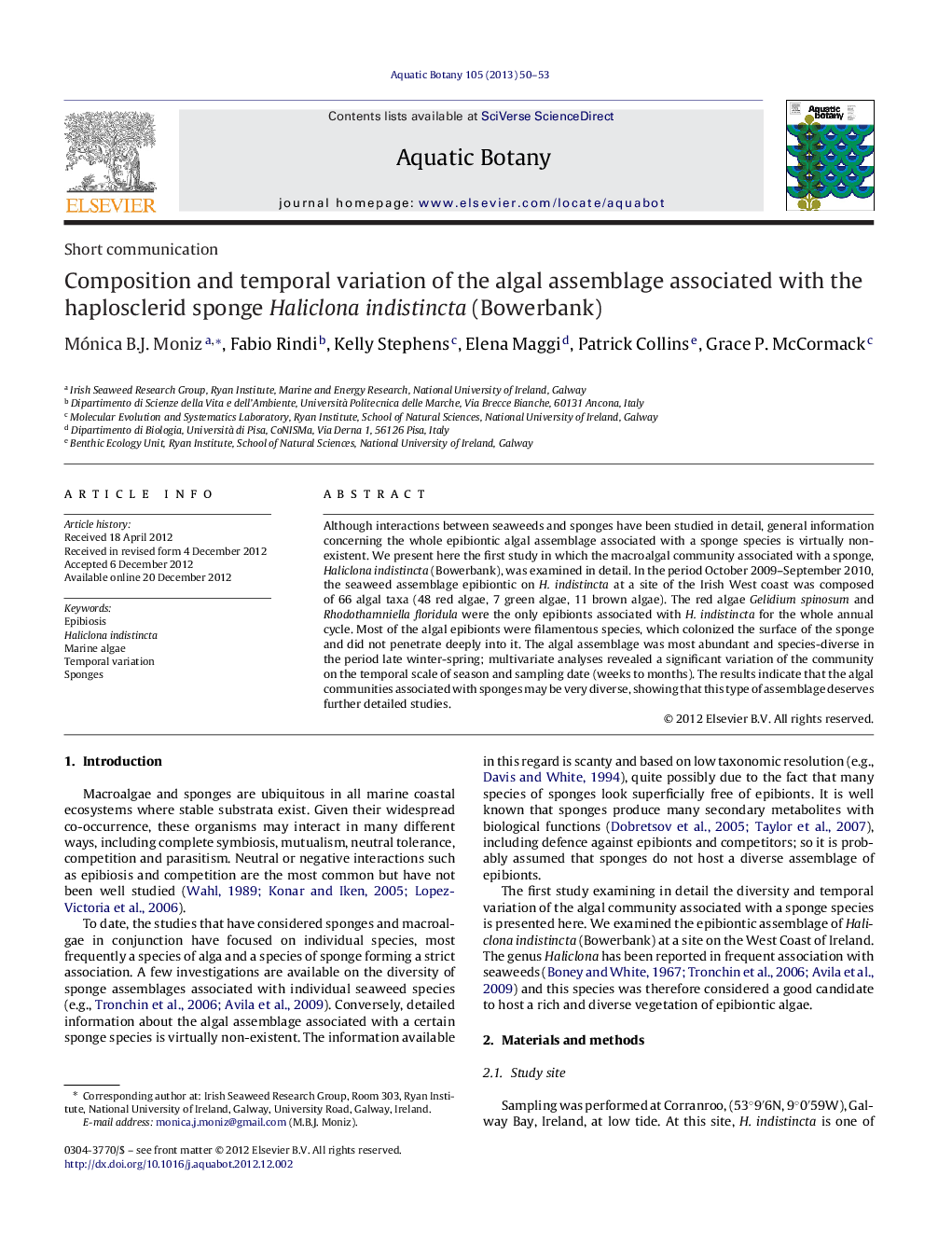 Composition and temporal variation of the algal assemblage associated with the haplosclerid sponge Haliclona indistincta (Bowerbank)