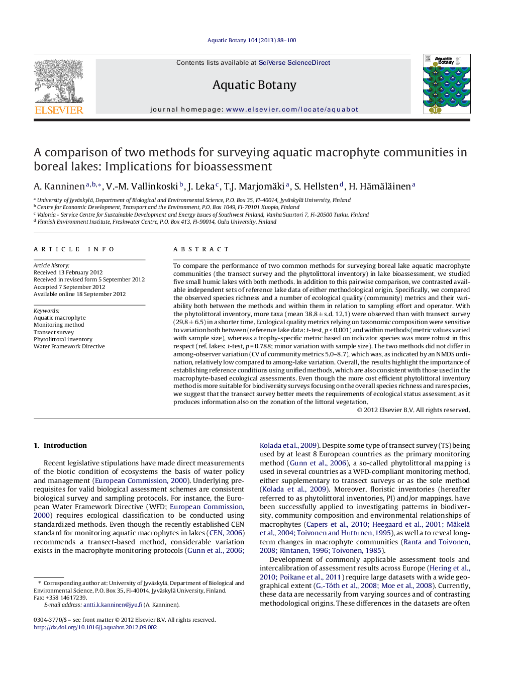 A comparison of two methods for surveying aquatic macrophyte communities in boreal lakes: Implications for bioassessment