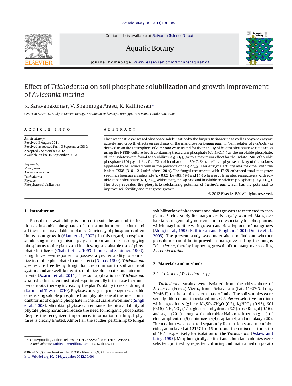 Effect of Trichoderma on soil phosphate solubilization and growth improvement of Avicennia marina