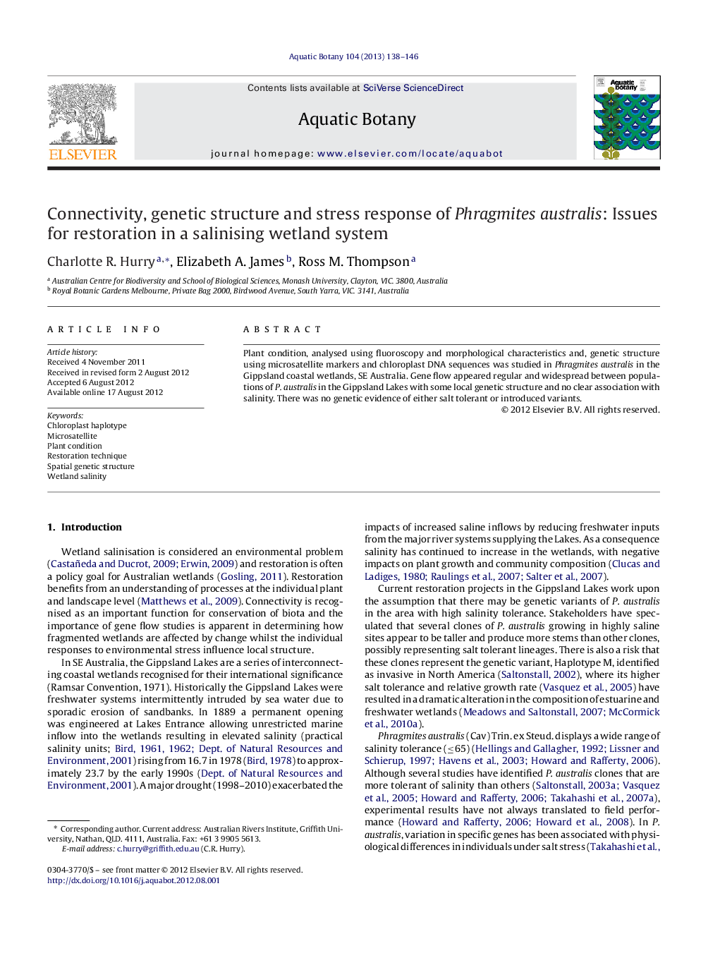 Connectivity, genetic structure and stress response of Phragmites australis: Issues for restoration in a salinising wetland system