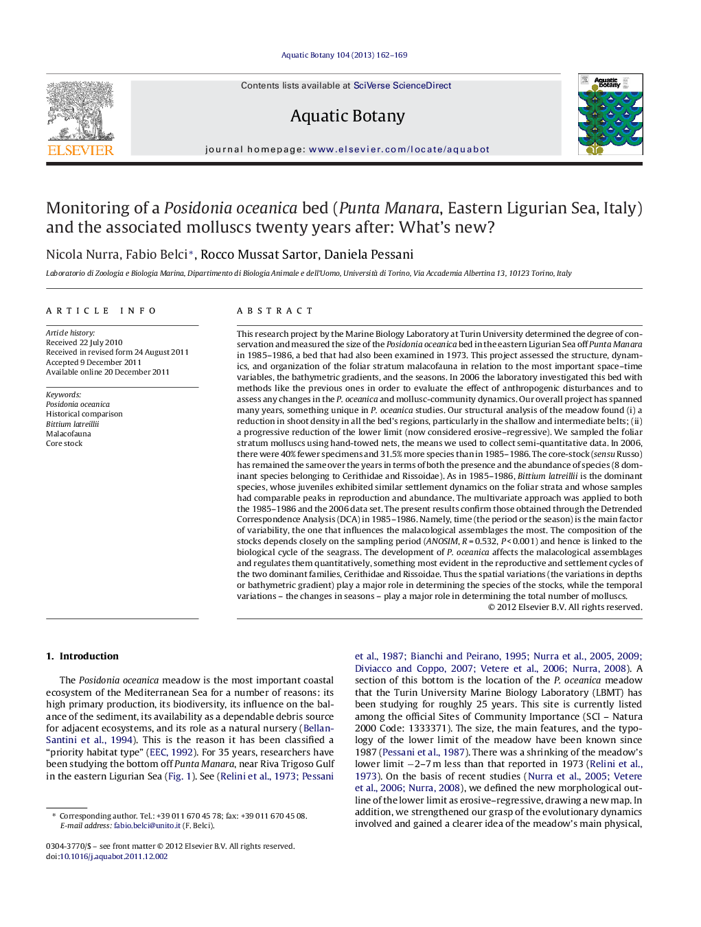 Monitoring of a Posidonia oceanica bed (Punta Manara, Eastern Ligurian Sea, Italy) and the associated molluscs twenty years after: What's new?