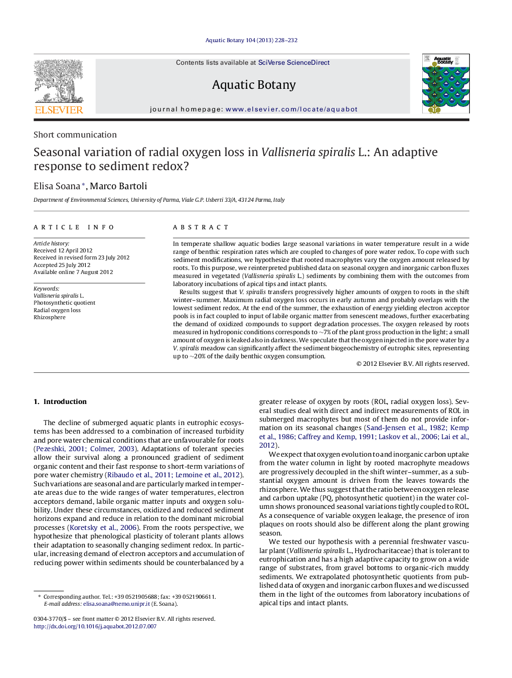 Seasonal variation of radial oxygen loss in Vallisneria spiralis L.: An adaptive response to sediment redox?