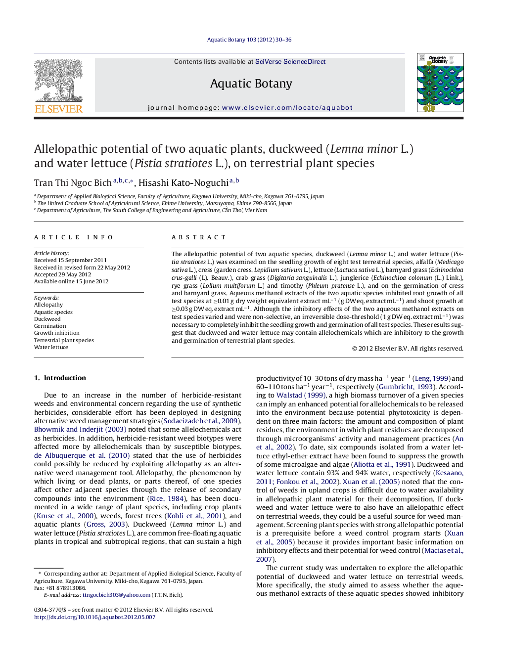 Allelopathic potential of two aquatic plants, duckweed (Lemna minor L.) and water lettuce (Pistia stratiotes L.), on terrestrial plant species