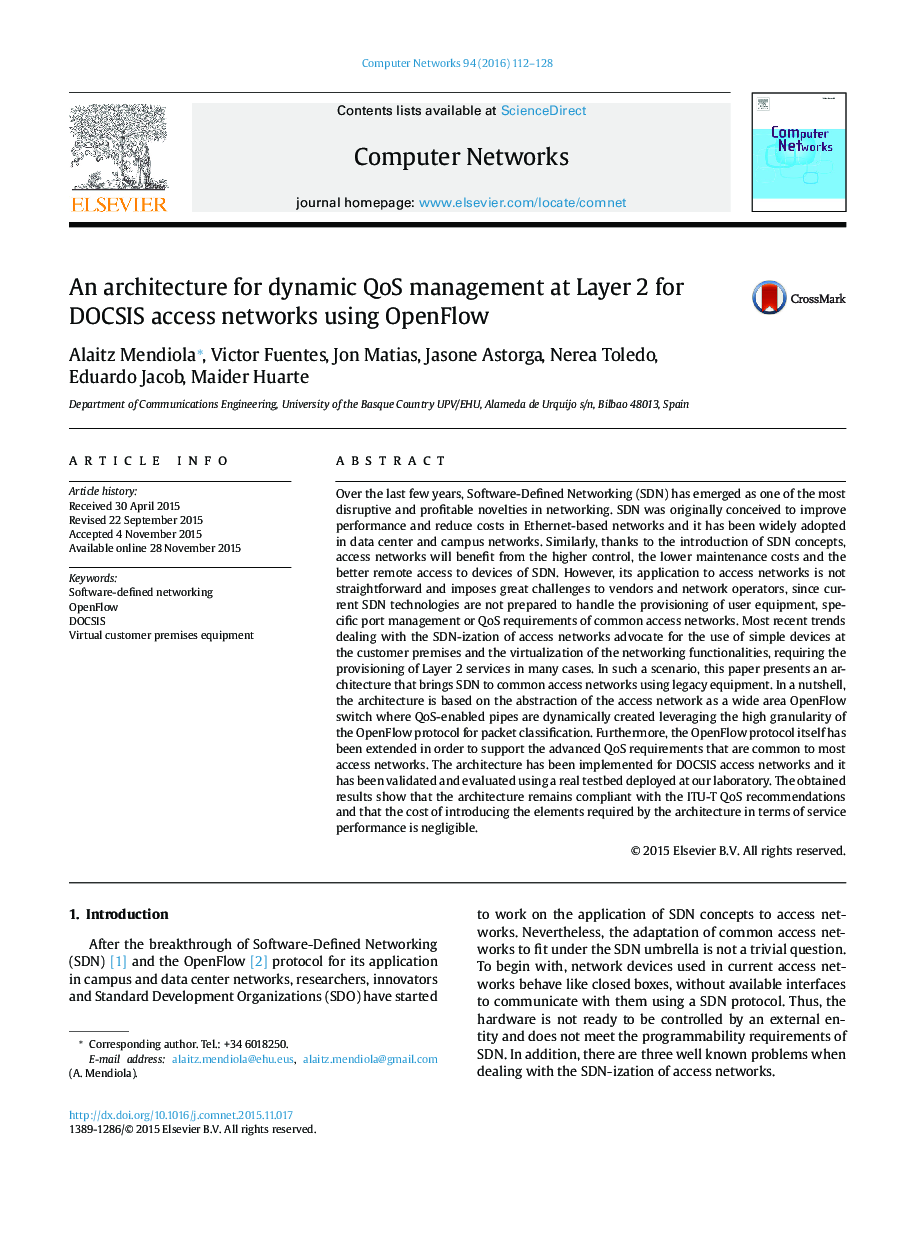 An architecture for dynamic QoS management at Layer 2 for DOCSIS access networks using OpenFlow