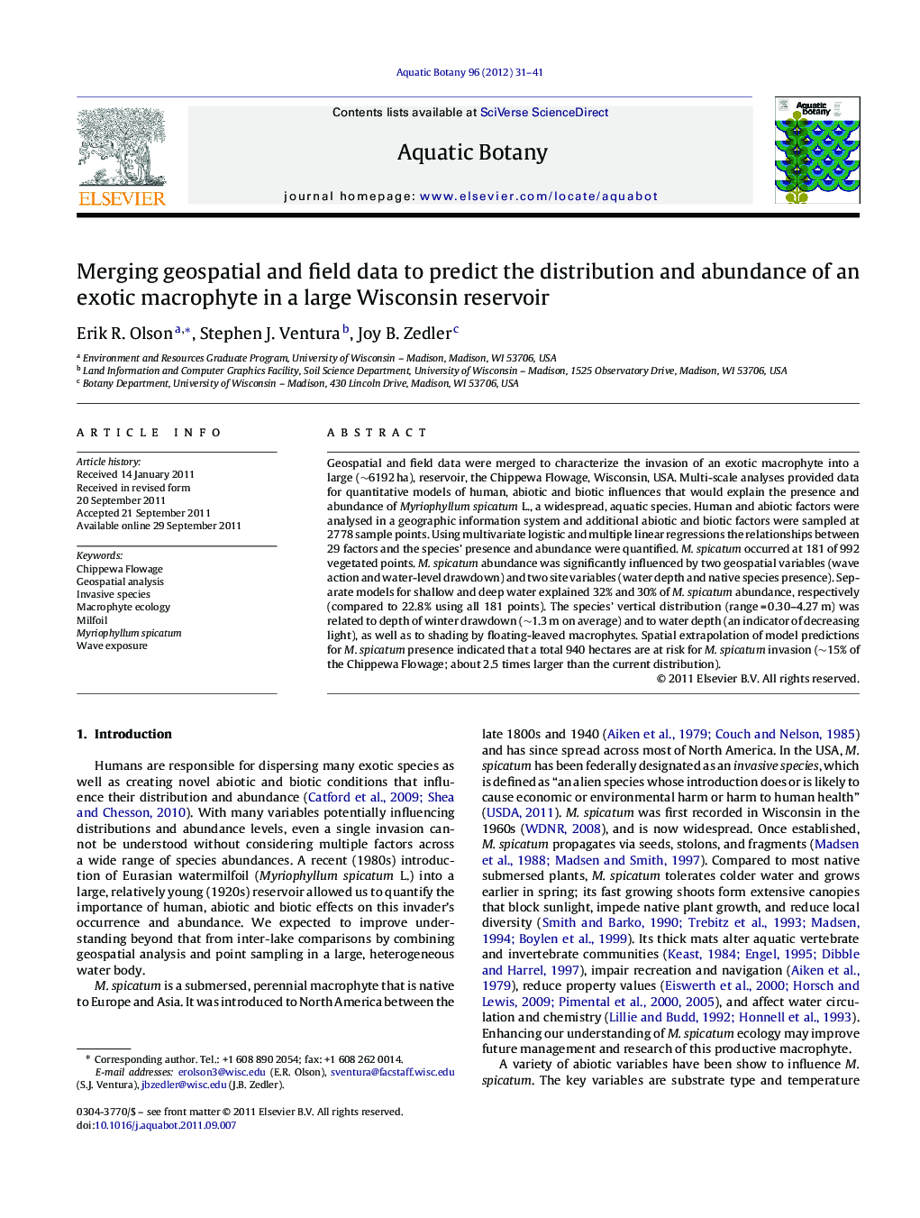 Merging geospatial and field data to predict the distribution and abundance of an exotic macrophyte in a large Wisconsin reservoir