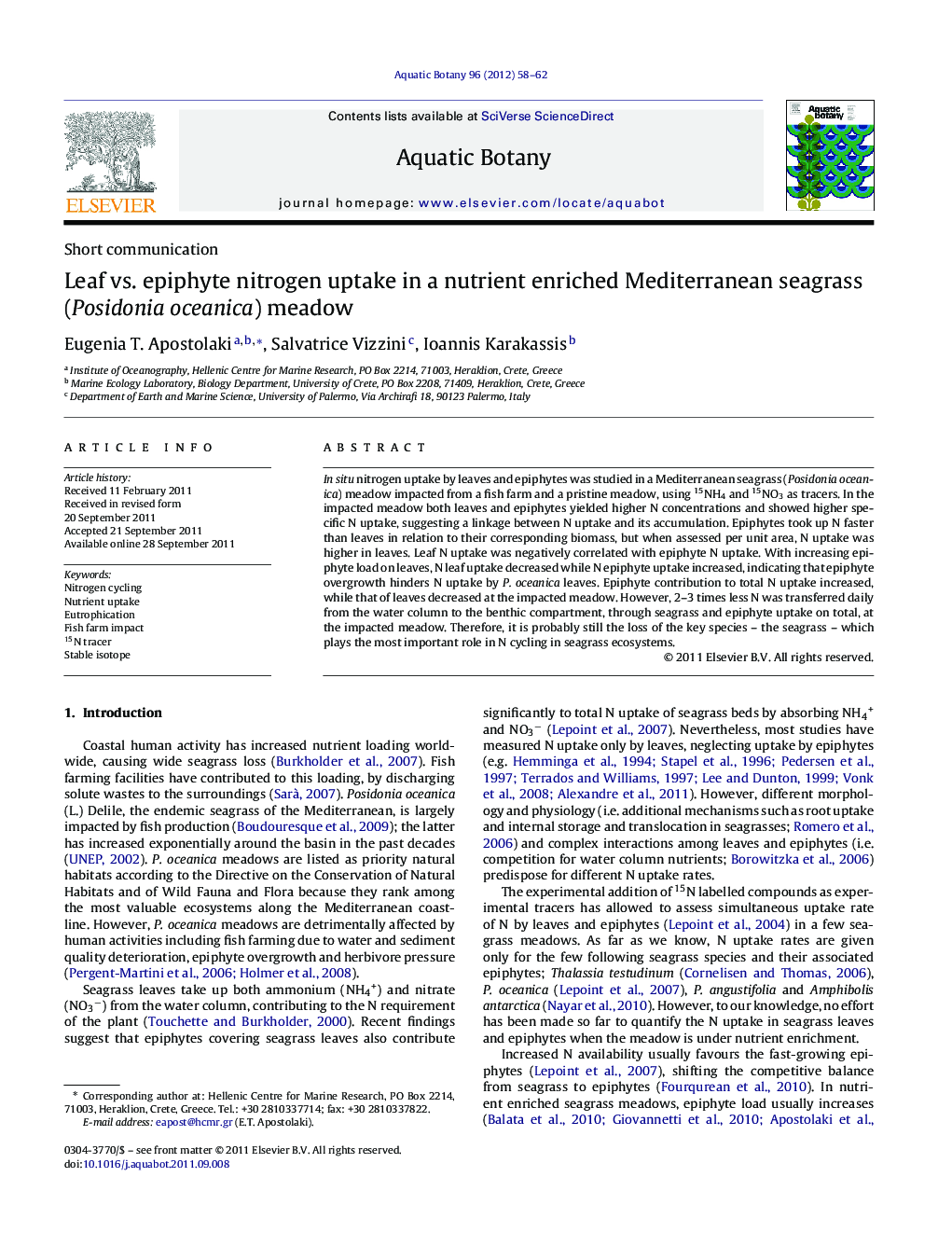 Leaf vs. epiphyte nitrogen uptake in a nutrient enriched Mediterranean seagrass (Posidonia oceanica) meadow