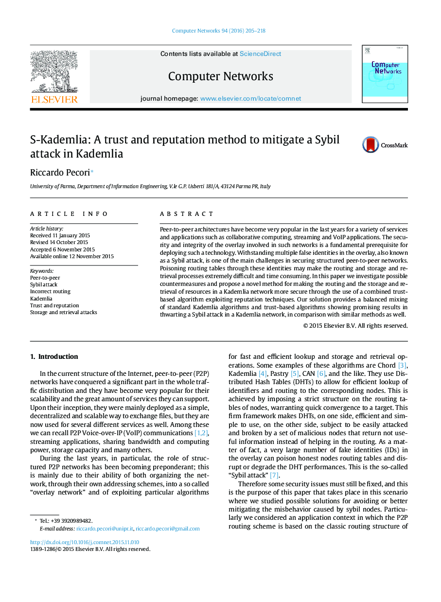 S-Kademlia: A trust and reputation method to mitigate a Sybil attack in Kademlia