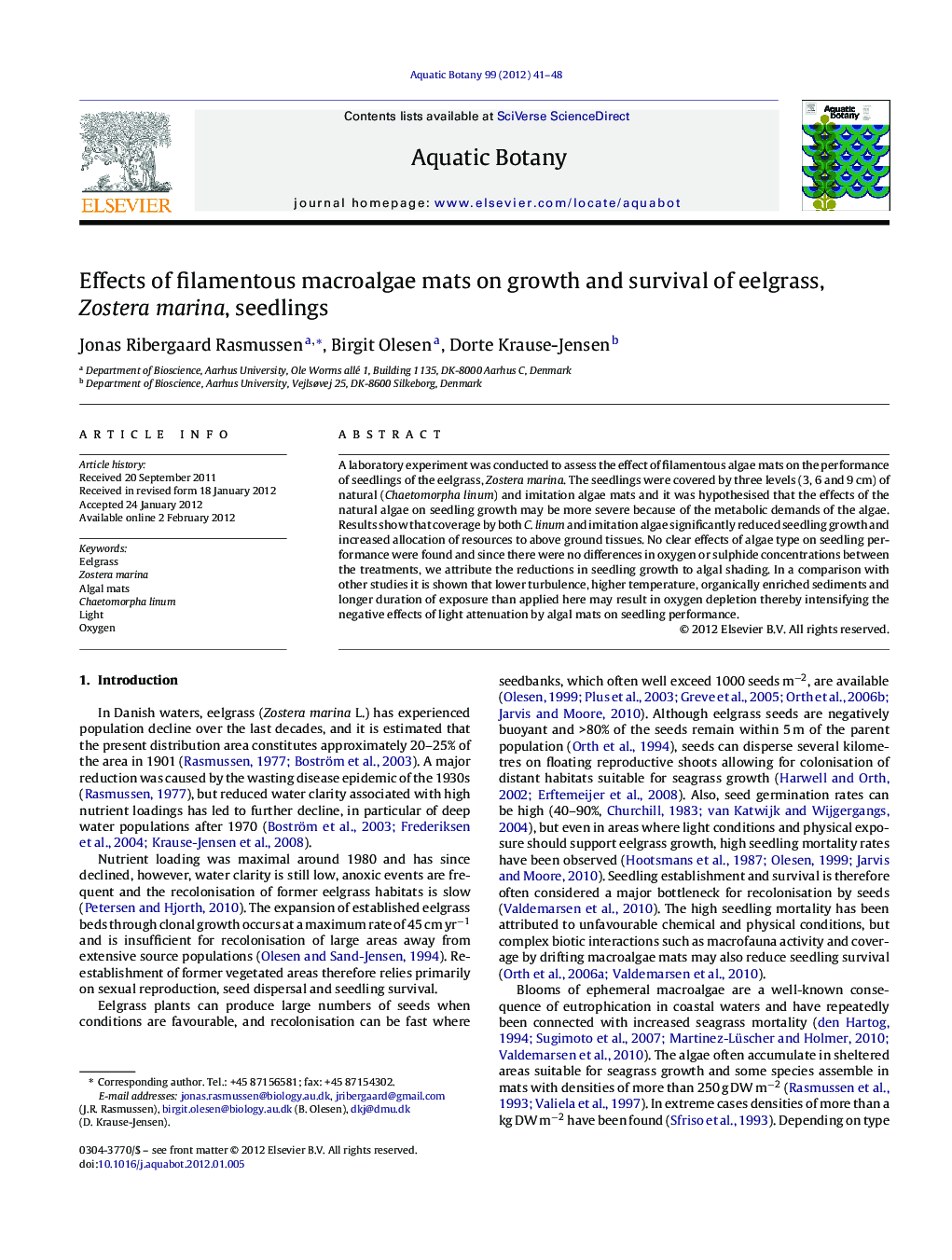 Effects of filamentous macroalgae mats on growth and survival of eelgrass, Zostera marina, seedlings