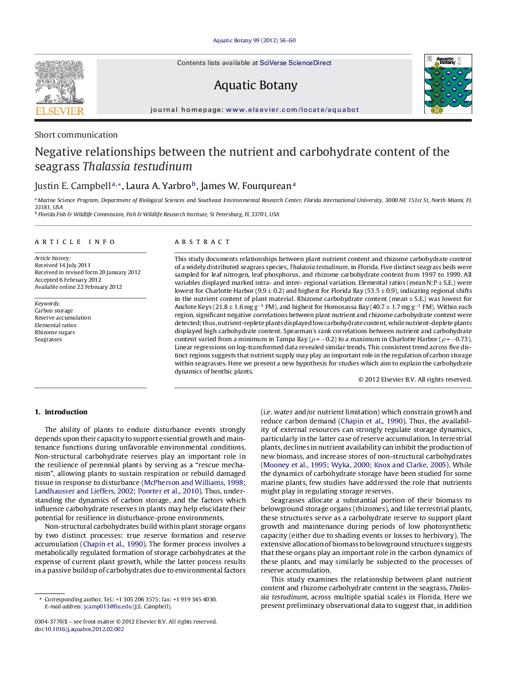 Negative relationships between the nutrient and carbohydrate content of the seagrass Thalassia testudinum