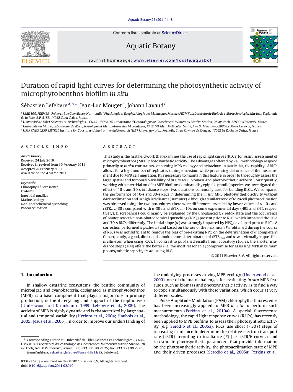 Duration of rapid light curves for determining the photosynthetic activity of microphytobenthos biofilm in situ