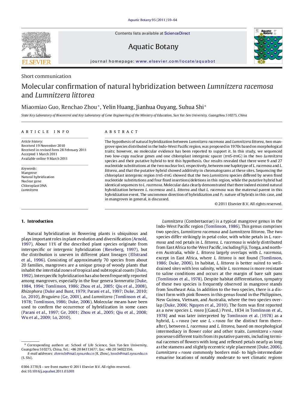 Molecular confirmation of natural hybridization between Lumnitzera racemosa and Lumnitzera littorea