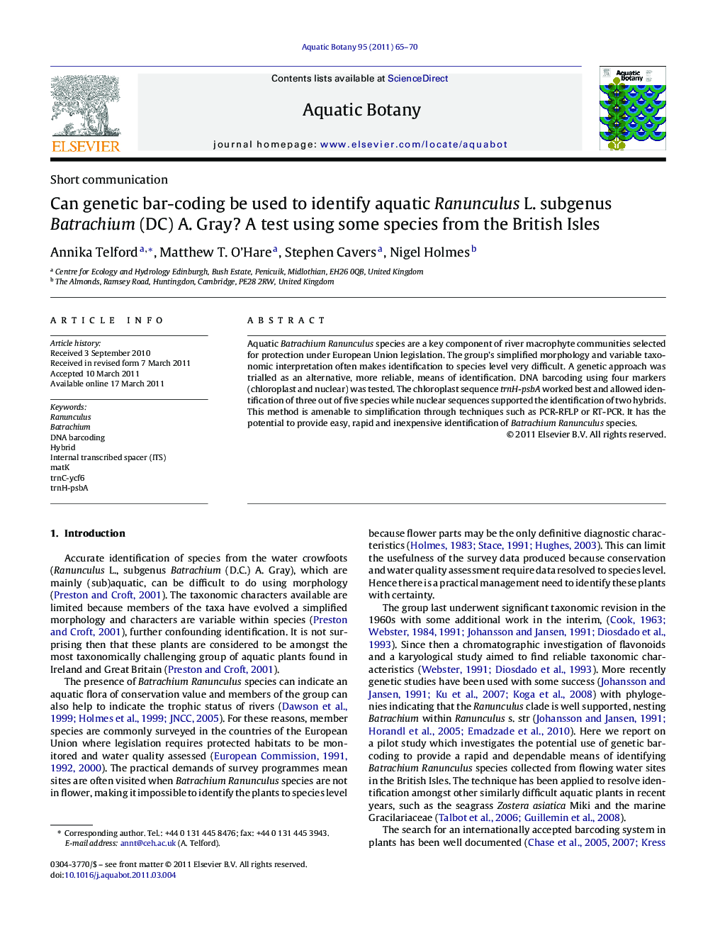 Can genetic bar-coding be used to identify aquatic Ranunculus L. subgenus Batrachium (DC) A. Gray? A test using some species from the British Isles
