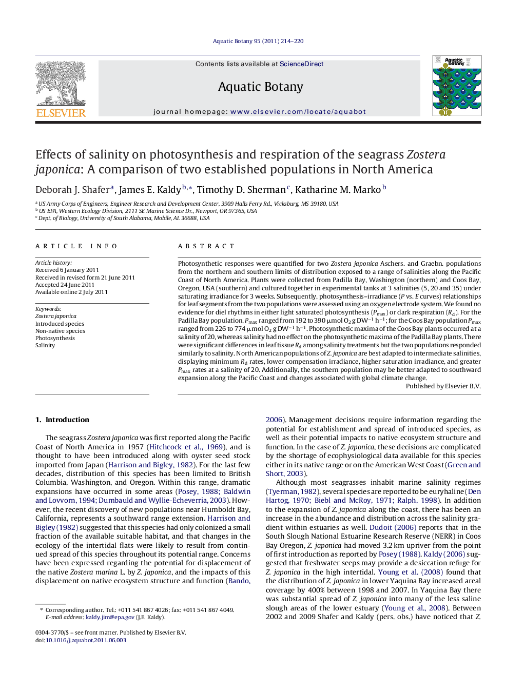 Effects of salinity on photosynthesis and respiration of the seagrass Zostera japonica: A comparison of two established populations in North America