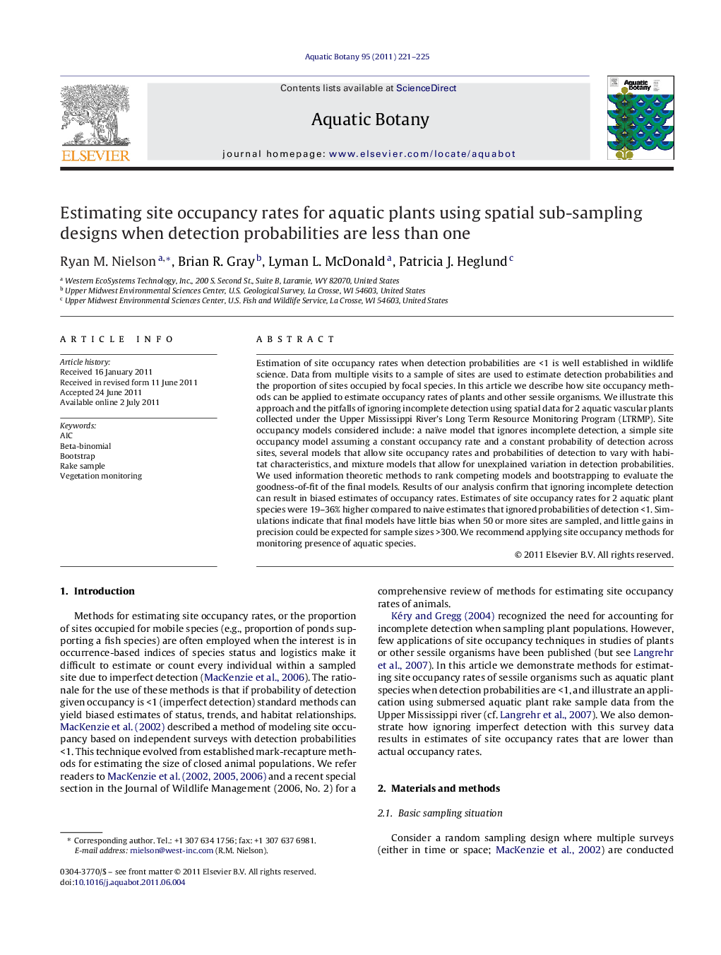 Estimating site occupancy rates for aquatic plants using spatial sub-sampling designs when detection probabilities are less than one