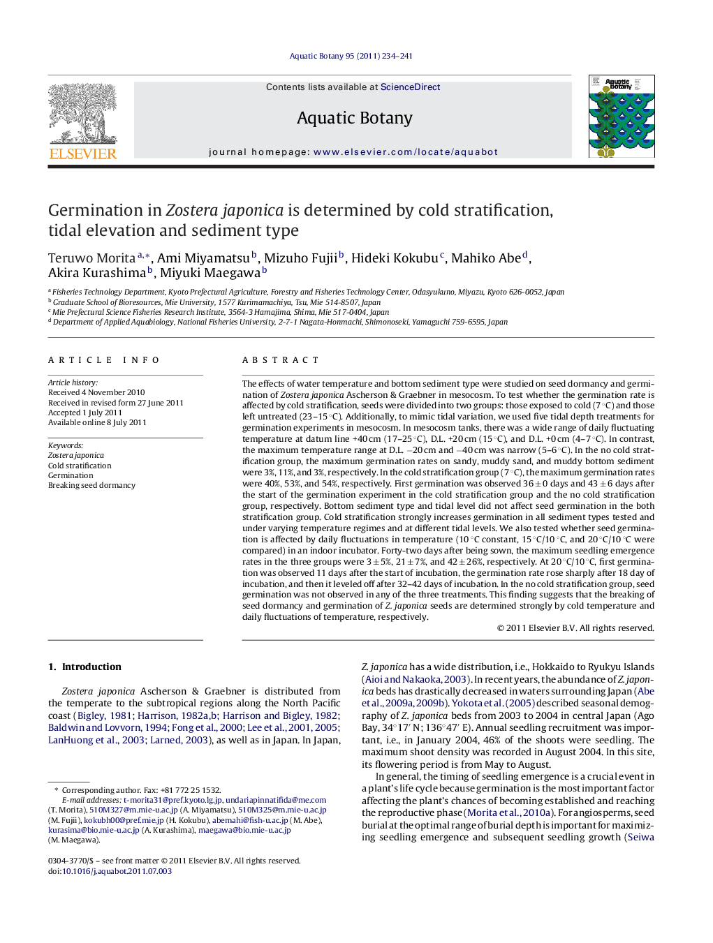 Germination in Zostera japonica is determined by cold stratification, tidal elevation and sediment type