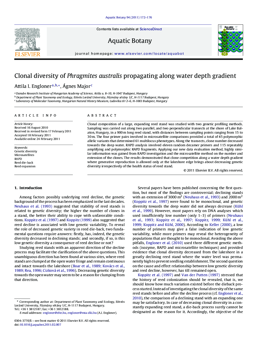 Clonal diversity of Phragmites australis propagating along water depth gradient