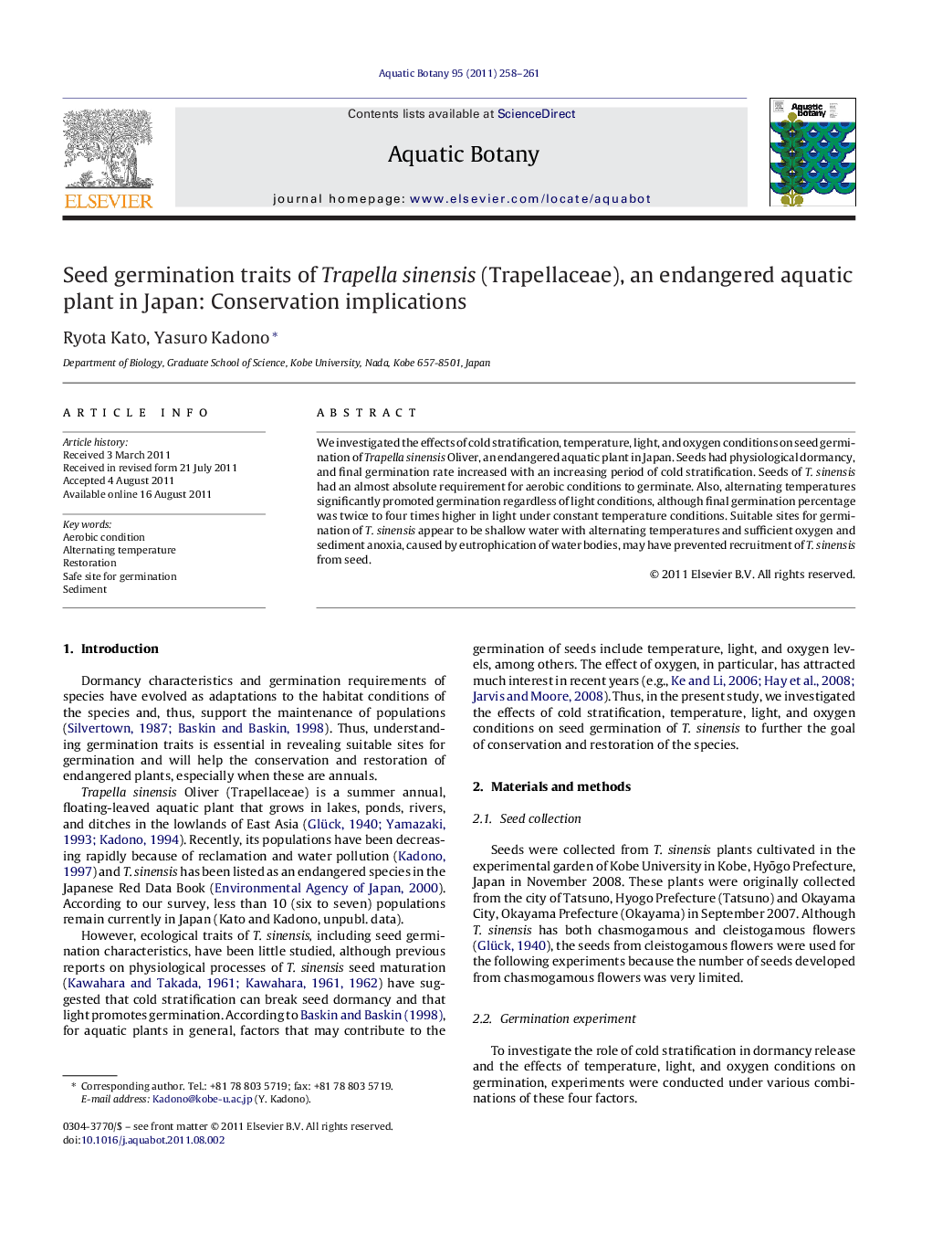 Seed germination traits of Trapella sinensis (Trapellaceae), an endangered aquatic plant in Japan: Conservation implications