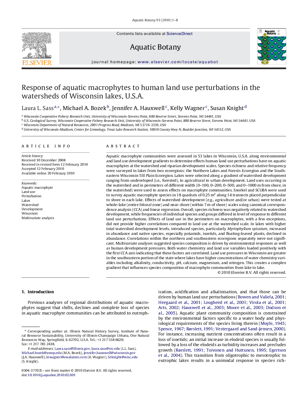 Response of aquatic macrophytes to human land use perturbations in the watersheds of Wisconsin lakes, U.S.A.