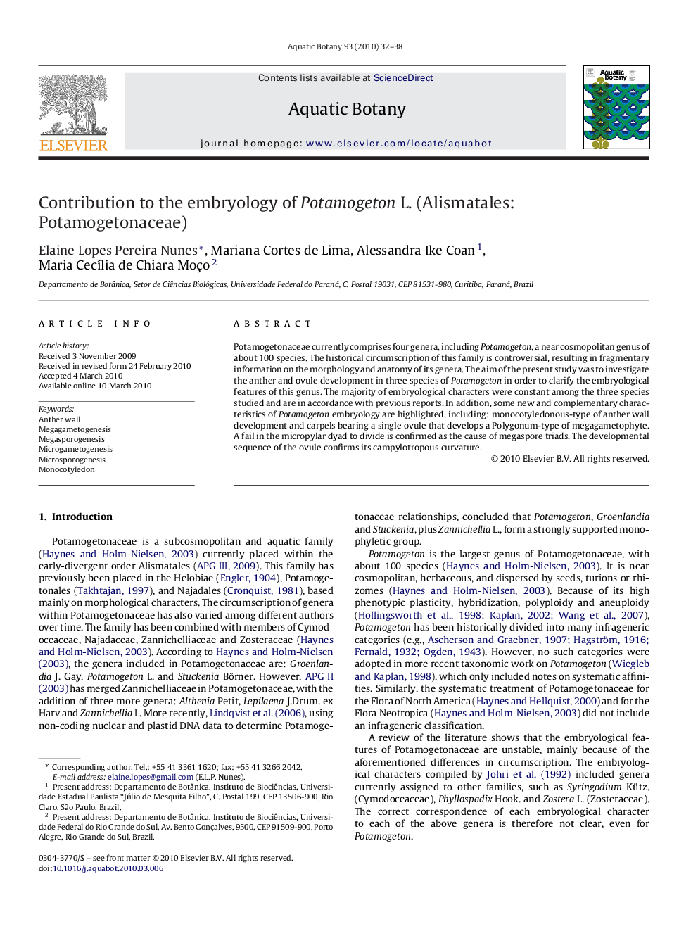Contribution to the embryology of Potamogeton L. (Alismatales: Potamogetonaceae)