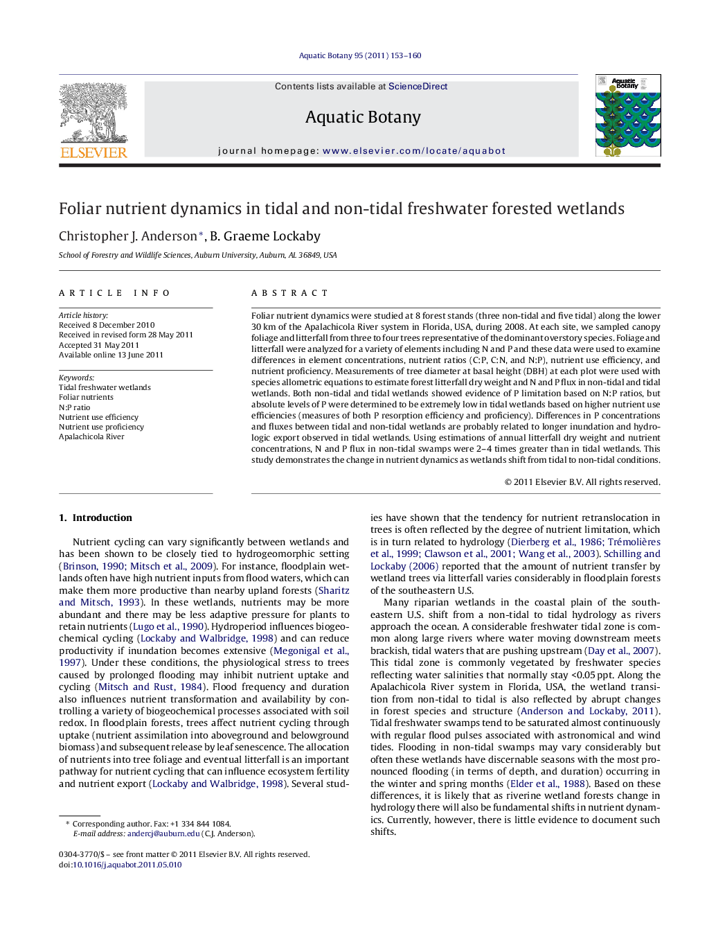 Foliar nutrient dynamics in tidal and non-tidal freshwater forested wetlands