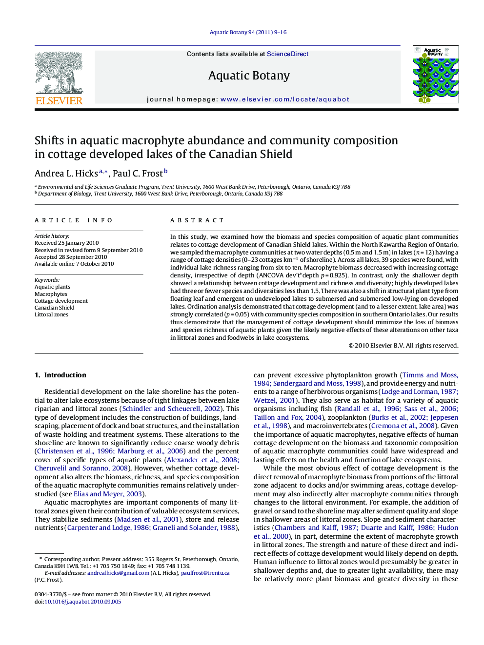 Shifts in aquatic macrophyte abundance and community composition in cottage developed lakes of the Canadian Shield