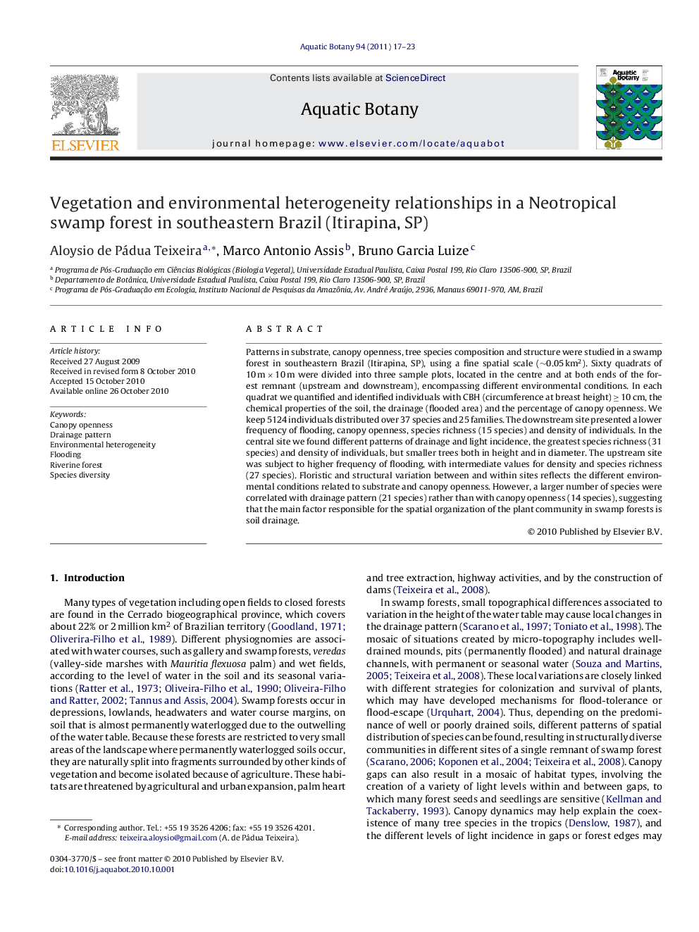 Vegetation and environmental heterogeneity relationships in a Neotropical swamp forest in southeastern Brazil (Itirapina, SP)