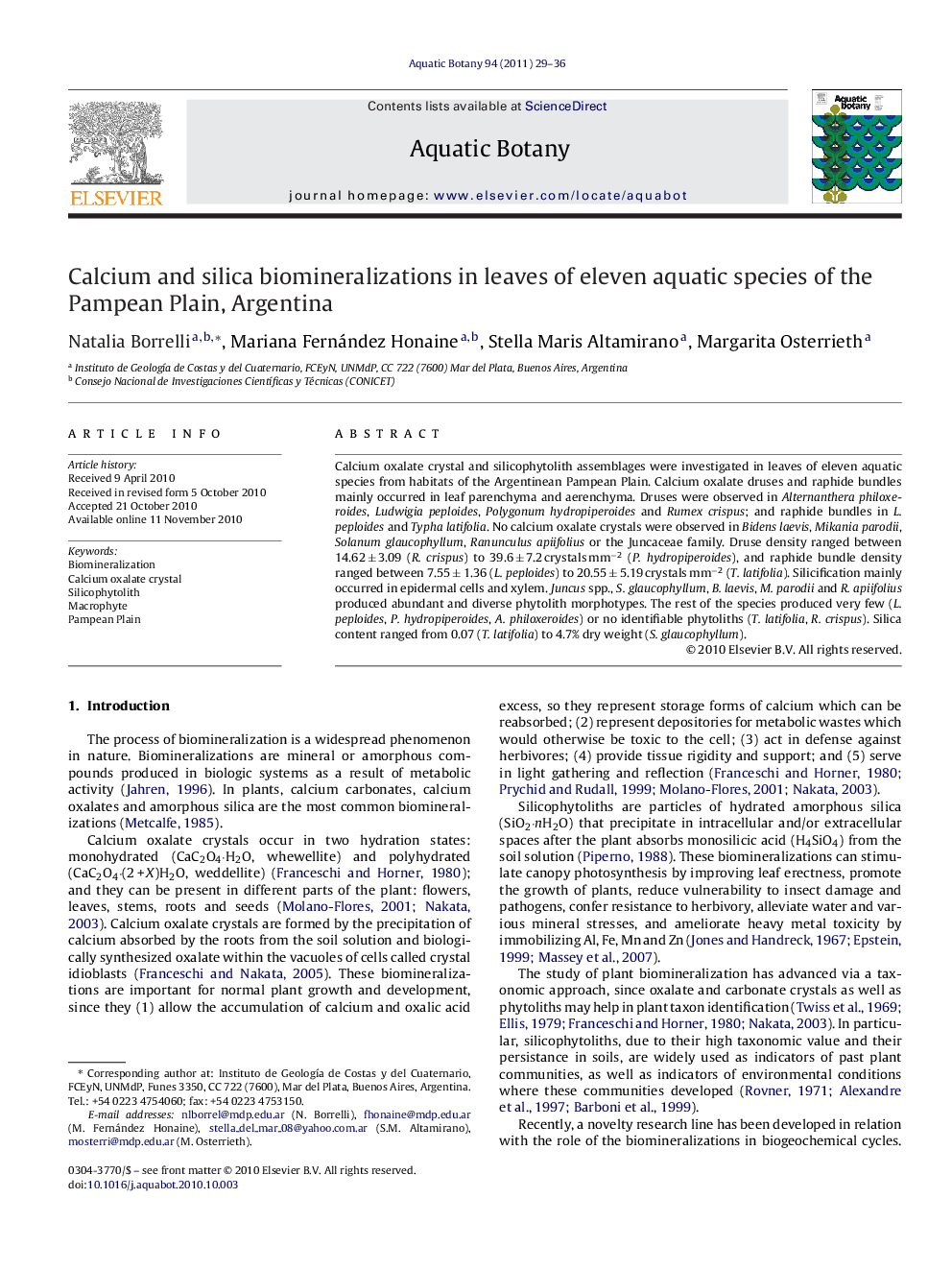 Calcium and silica biomineralizations in leaves of eleven aquatic species of the Pampean Plain, Argentina