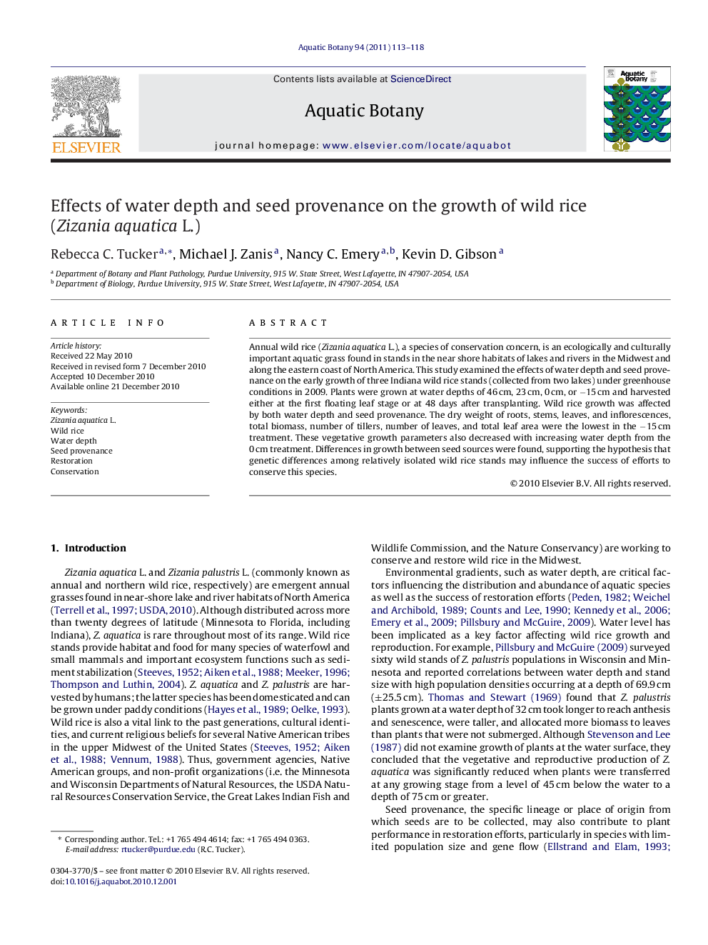 Effects of water depth and seed provenance on the growth of wild rice (Zizania aquatica L.)