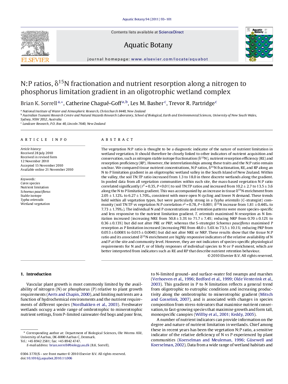 N:P ratios, δ15N fractionation and nutrient resorption along a nitrogen to phosphorus limitation gradient in an oligotrophic wetland complex