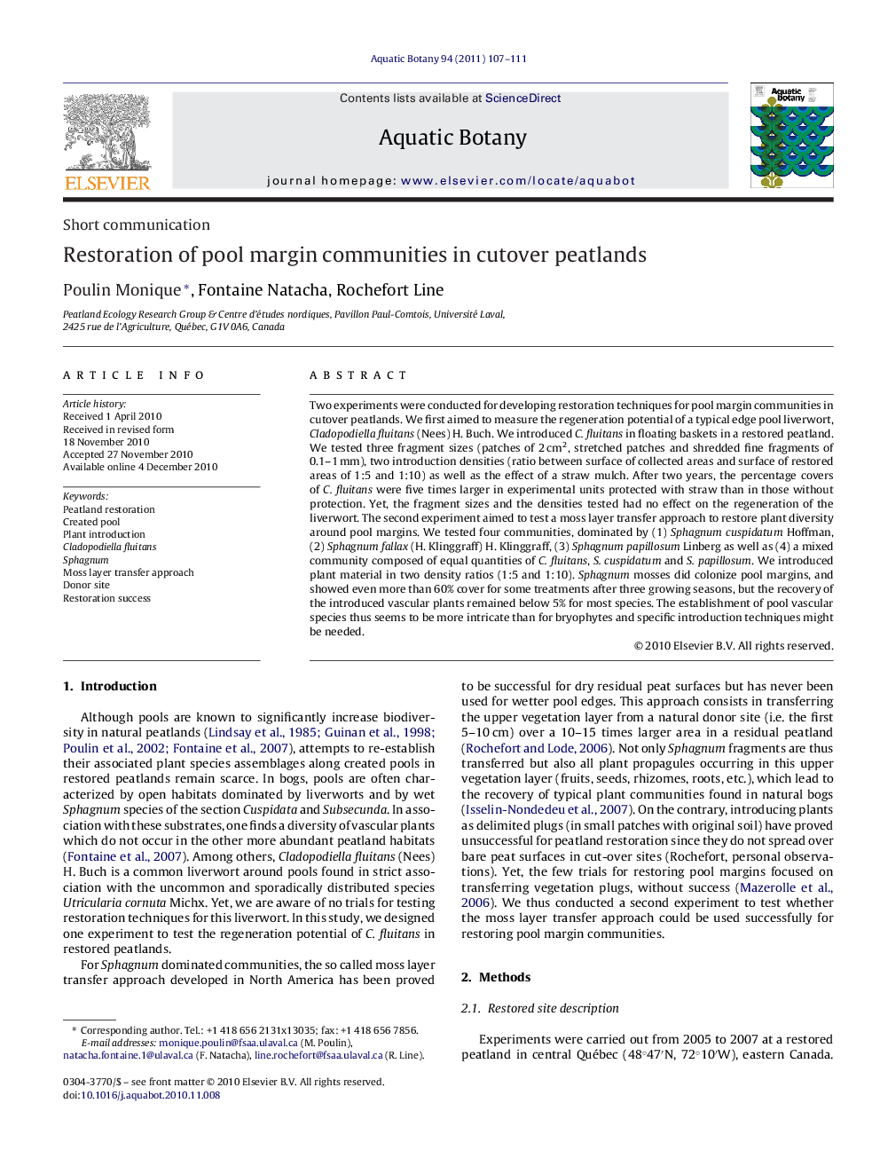 Restoration of pool margin communities in cutover peatlands