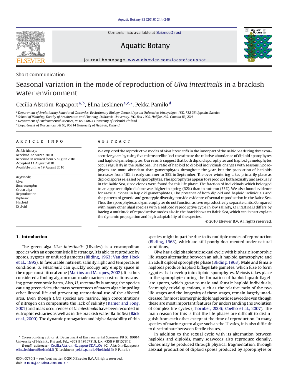 Seasonal variation in the mode of reproduction of Ulva intestinalis in a brackish water environment