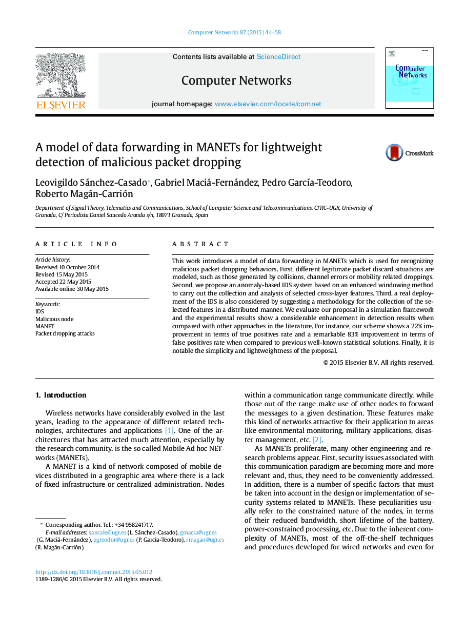 A model of data forwarding in MANETs for lightweight detection of malicious packet dropping