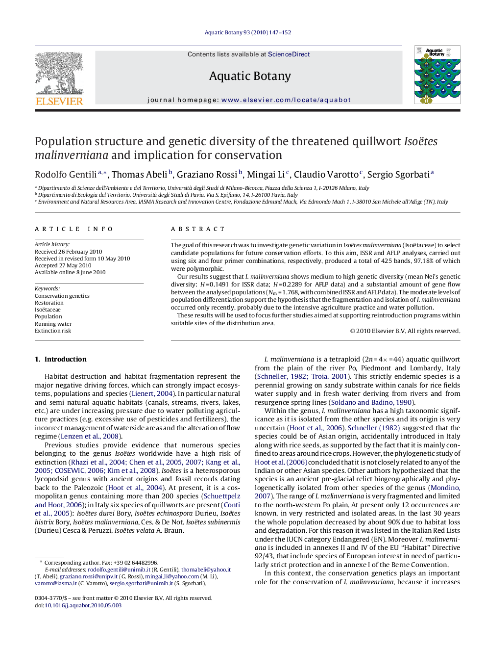 Population structure and genetic diversity of the threatened quillwort Isoëtes malinverniana and implication for conservation