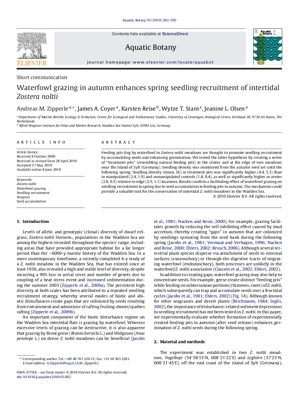 Waterfowl grazing in autumn enhances spring seedling recruitment of intertidal Zostera noltii