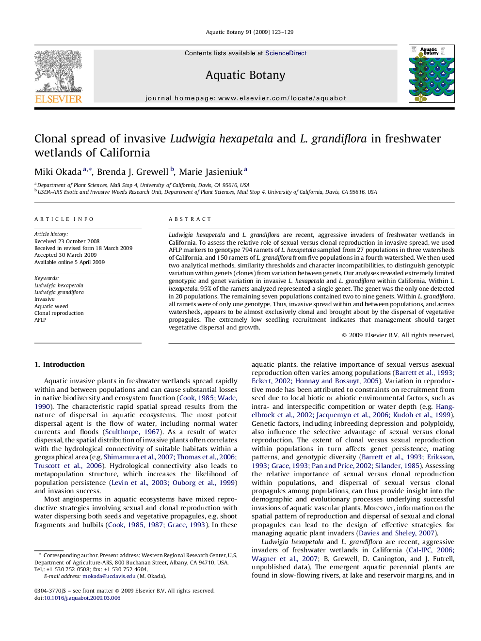 Clonal spread of invasive Ludwigia hexapetala and L. grandiflora in freshwater wetlands of California