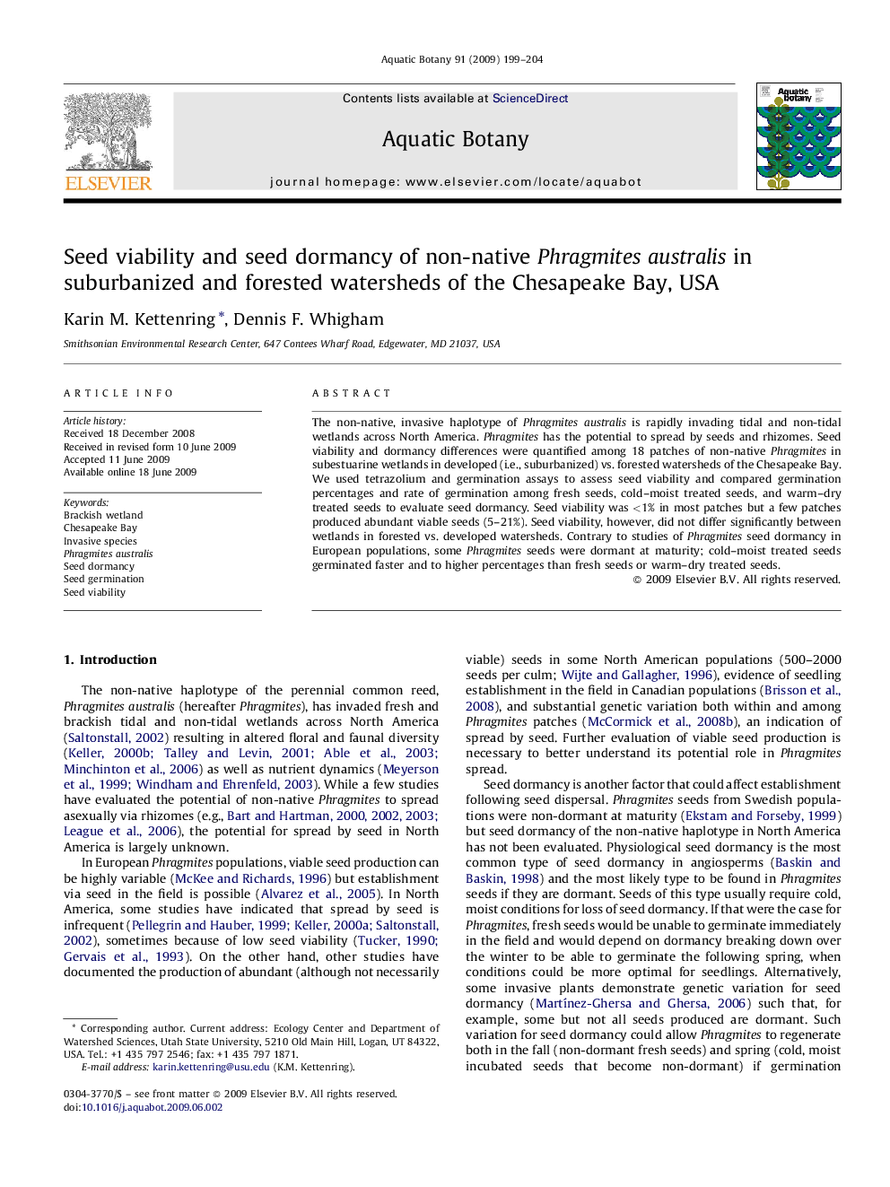 Seed viability and seed dormancy of non-native Phragmites australis in suburbanized and forested watersheds of the Chesapeake Bay, USA