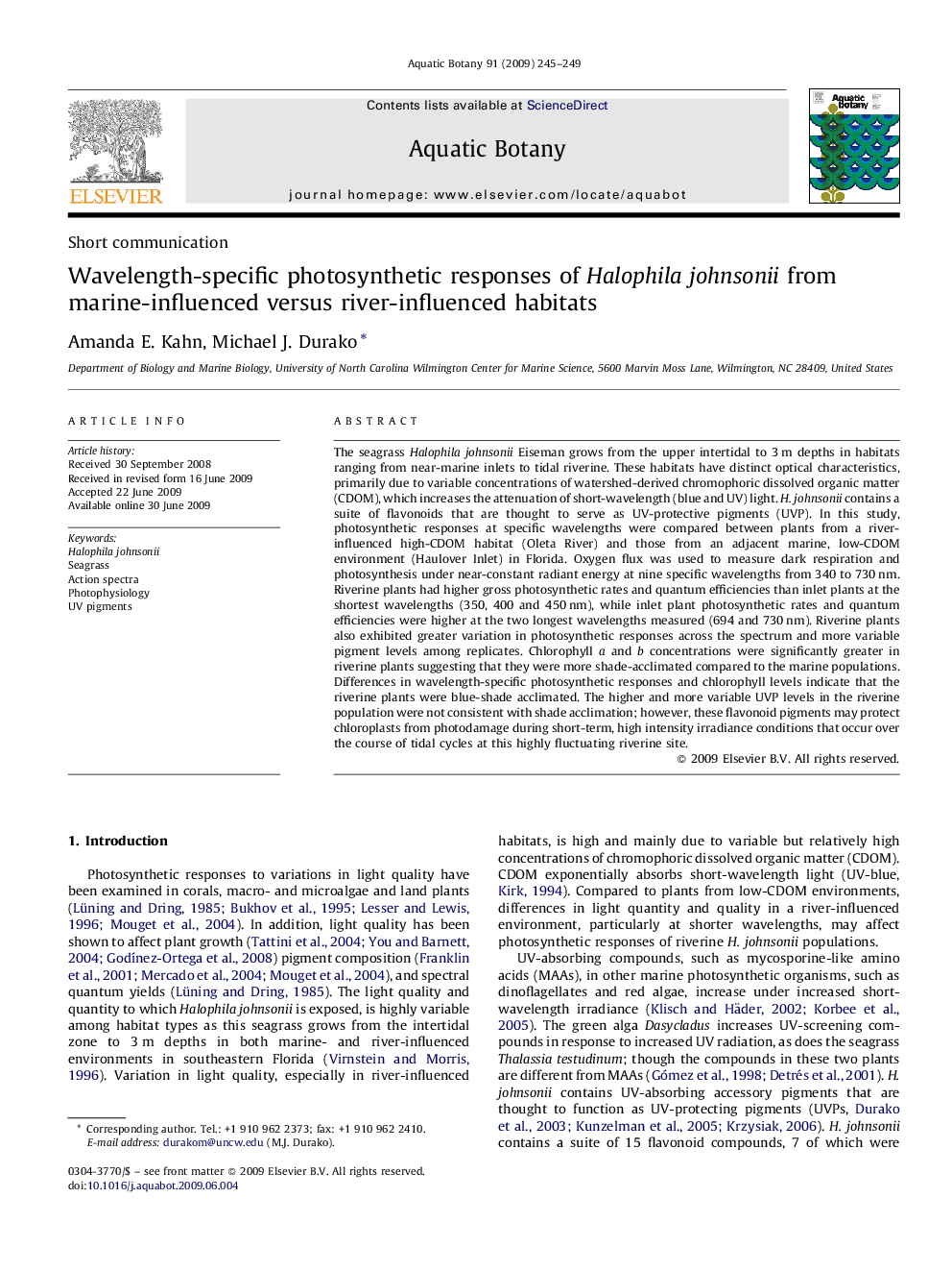 Wavelength-specific photosynthetic responses of Halophila johnsonii from marine-influenced versus river-influenced habitats